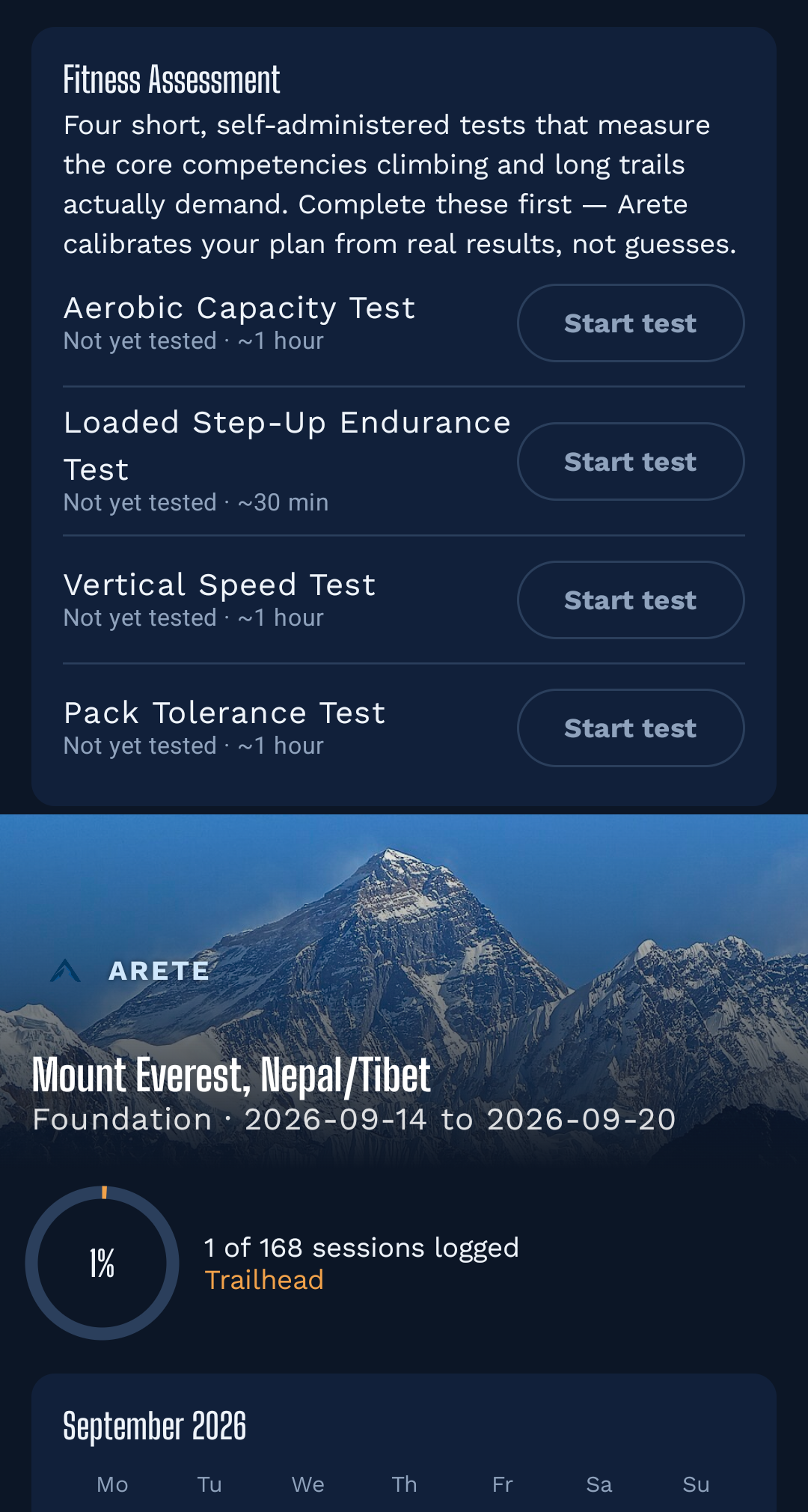 App screen: Fitness Assessment listing four tests with a Start test button for each
