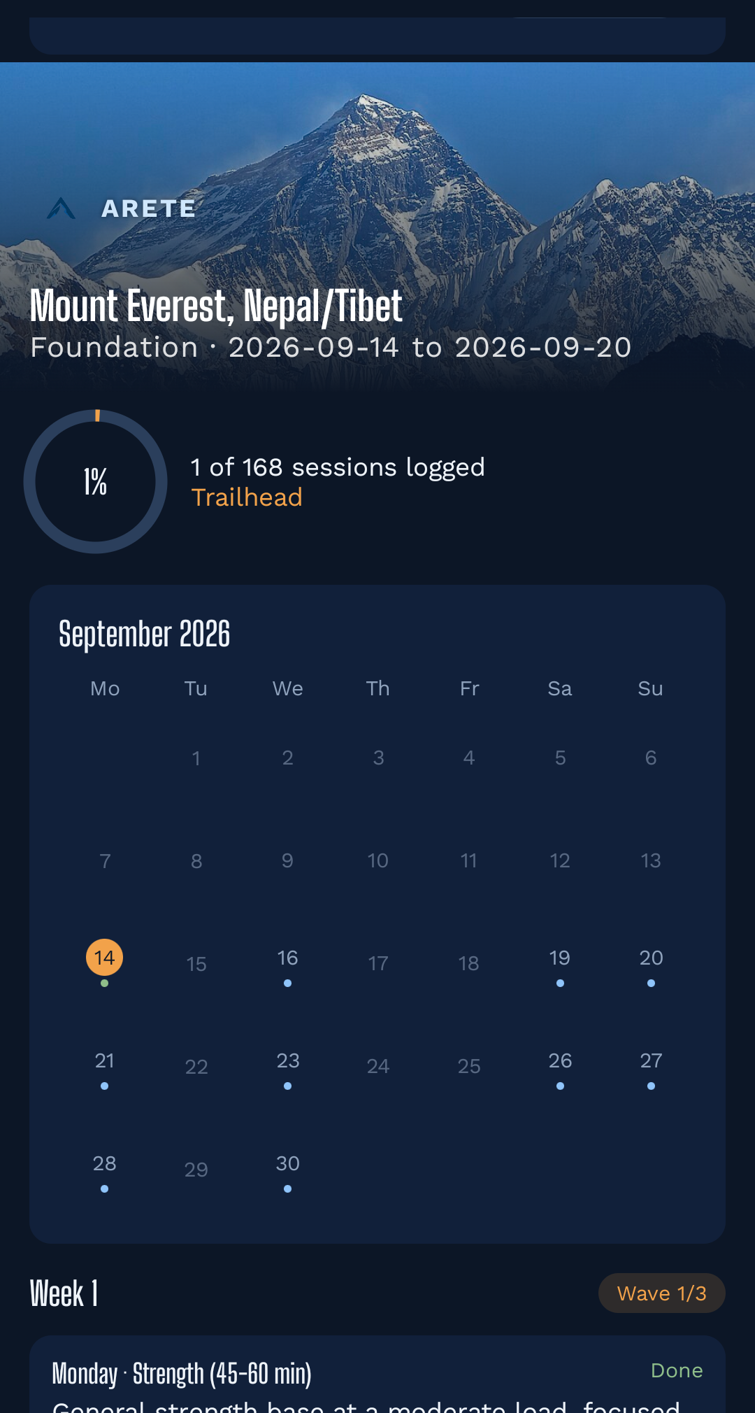 App screen: a Mount Everest sample plan with a progress ring, a September calendar and Week 1